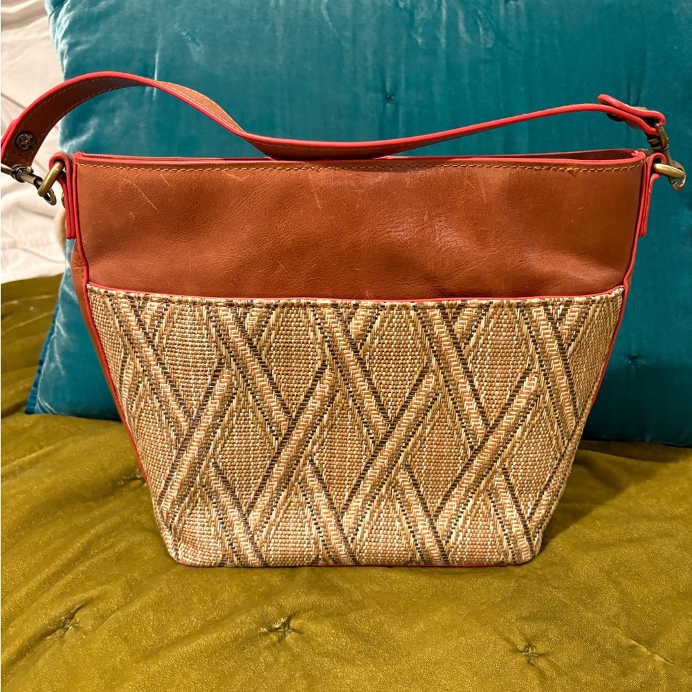 Patricia Nash Hobo, leather with beige and green weave.